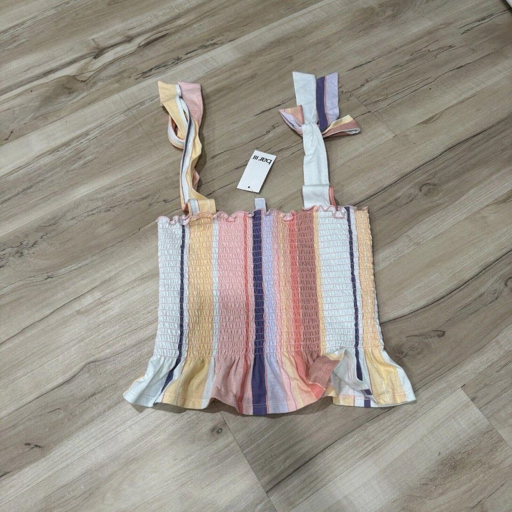 BAR III Women's Sherber Striped Cotton Smocked Peplum Tie-Strap Top SZ Xsmall Xs